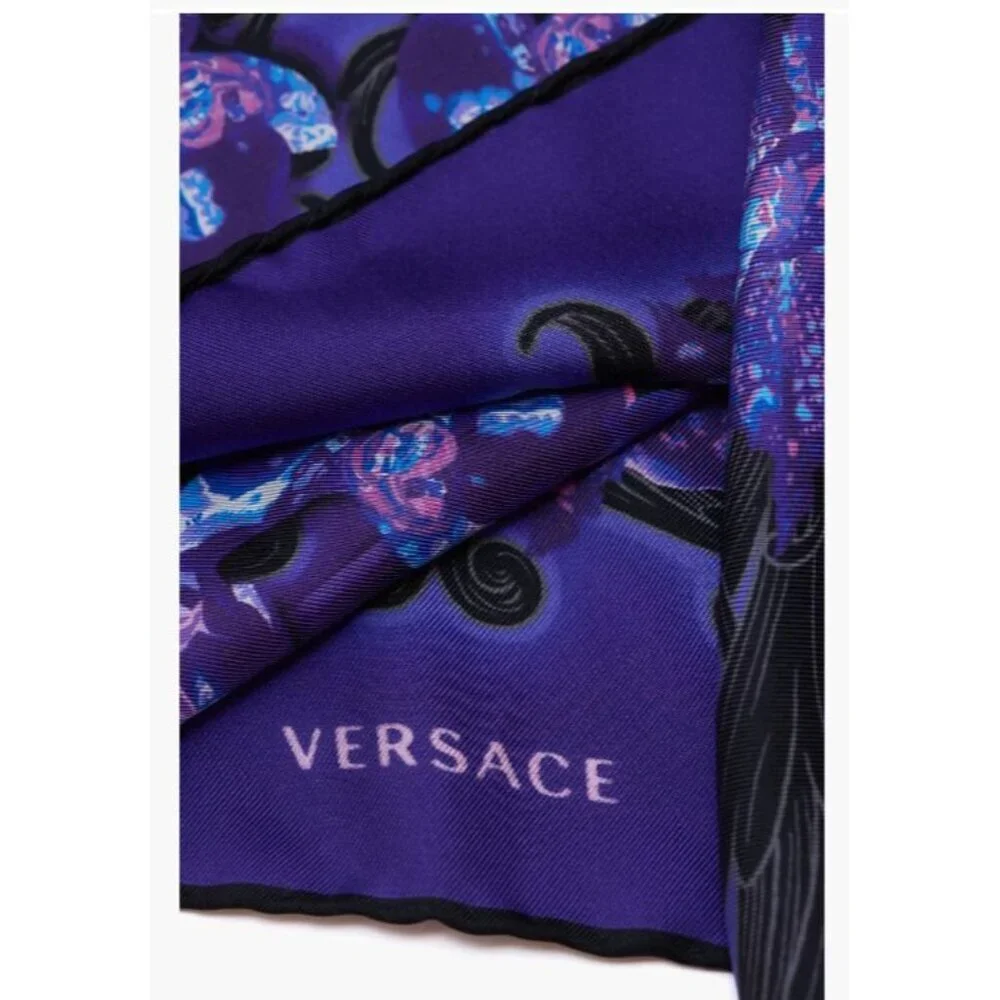 Versace Orchid Print 100% Silk Square Purple Black Scarf Rtl $525 New with Tags